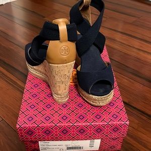 Tory Burch Navy peep-toe cork espadrilles. Sz. 6.5 with original box/dustbag.